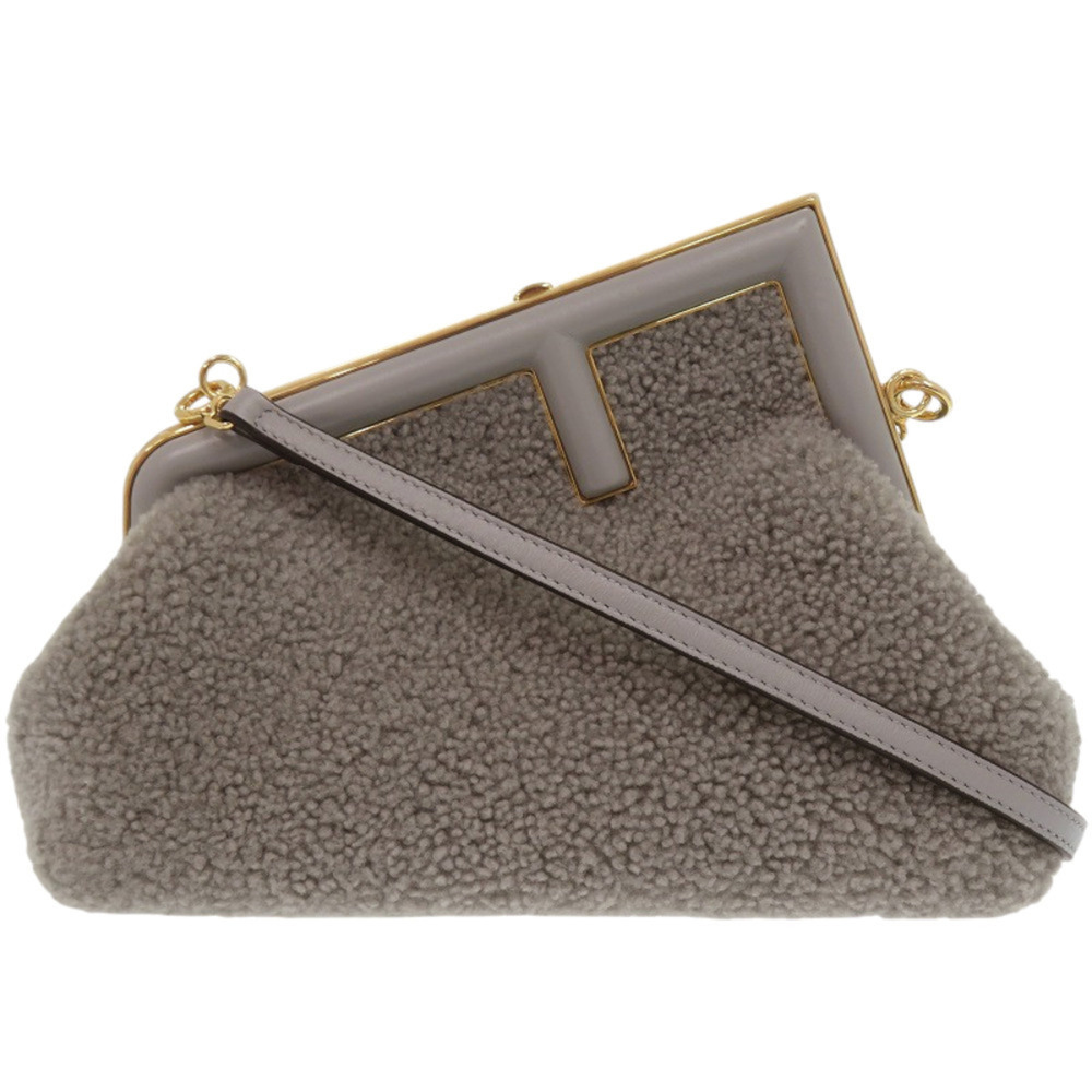 Fendi First Small 8BP129 Lamb Fur Leather Grey Shoulder Bag 2-Way Clutch 0459...